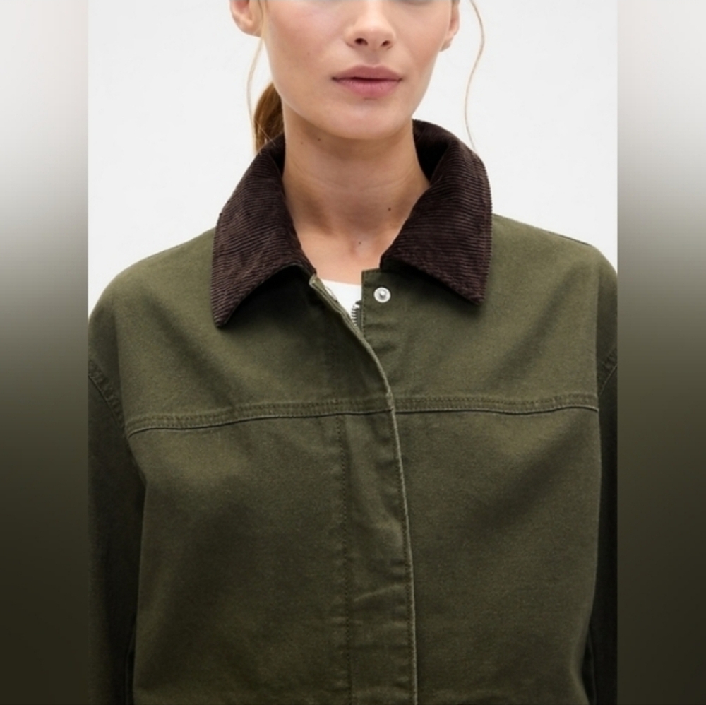 GAP Khaki Utility Jacket with Dark Brown Collar - Picture 4 of 6